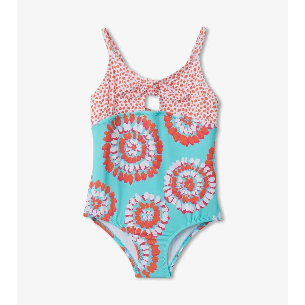 Hatley Painted Mandalas One-Piece Swimsuit Kids 5 Aruba Blue Tie Front JDM754
